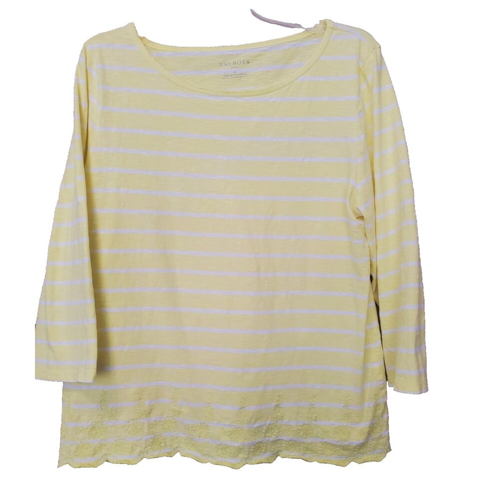 Talbots 100% Cotton Yellow Striped Scalloped Embroidered Hem T-Shirt Size XL